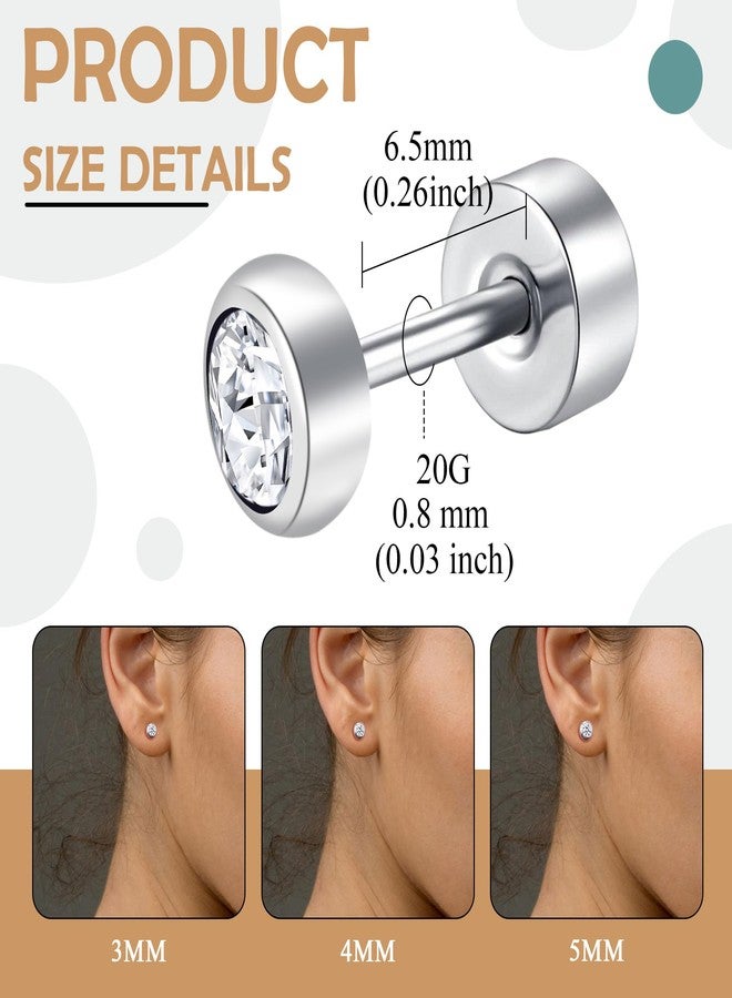 ZDE Titanium Women Flatback Earrings for Women Crystal Gold Stud Earrings Flat Back Earrings Hypoallergenic Cartilage Earring Helix Tragus Conch Piercing 3mm-5mm (Crystal-Silver, 5MM) - Image 2